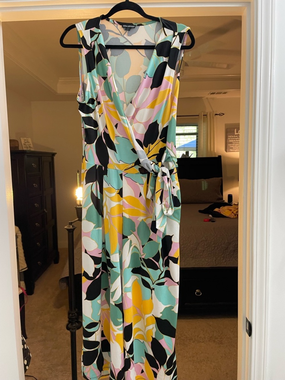 Nina Leonard Floral Wrap Maxi Jumpsuit  in Mint, Yellow & Black